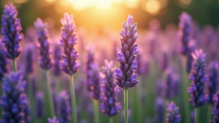 Obraz premium A field of purple lavender flowers with the sun shining on them