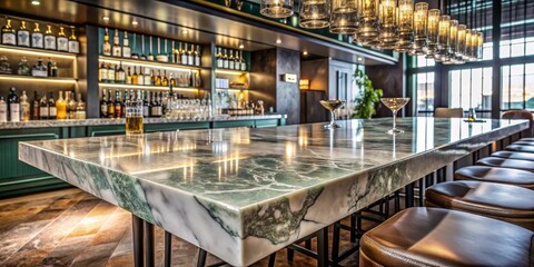 Fototapeta premium Luxurious marble table top in a sleek glassy bar setting, luxury, marble, table top, glass, bar, elegant, upscale