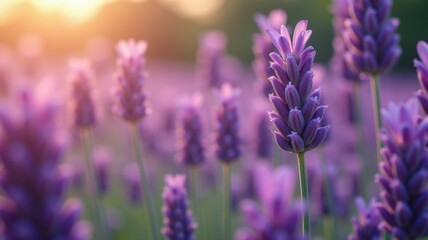 A field of purple lavender flowers with a sun in the background