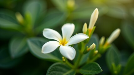 A white flower with a yellow center is surrounded by green leaves