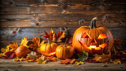 Fototapeta premium Halloween background with pumpkins and fallen leaves on wooden background, featuring a scary Halloween pumpkin