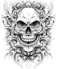 A detailed skull illustration with intricate floral designs.