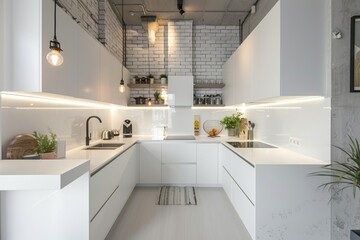 Minimalist white kitchen with cozy lighting and stylish design