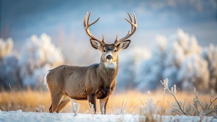 Large mule deer buck standing majestically in a snowy field, deer, buck, mule deer, wildlife, nature, winter, cold, snow © Udomner