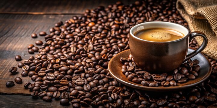 Close-up of a cup of coffee and beans with Nescafe Dark Roast, coffee, cup, beans, Nescafe, Dark Roast, drink, beverage, aroma