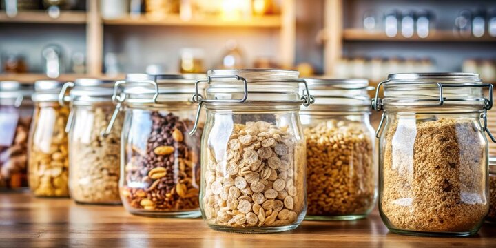 Muesli and oats for sale at an unpacked store in glass containers, Unverpackt, Einkaufen, Unverpackt-Laden, M?sli