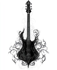 A stylized black guitar with intricate floral designs.