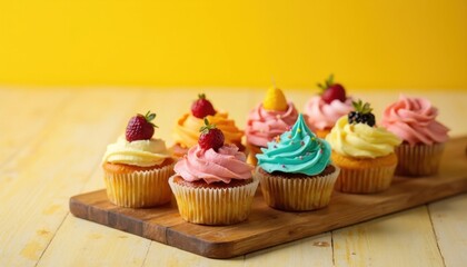 a row of cupcakes with strawberries on top of them.