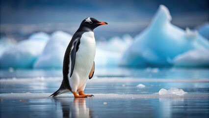Obraz premium Lonely Gentoo penguin standing alone on the icy surface, penguin, Gentoo, ice, solitude, cold, Antarctica, wildlife
