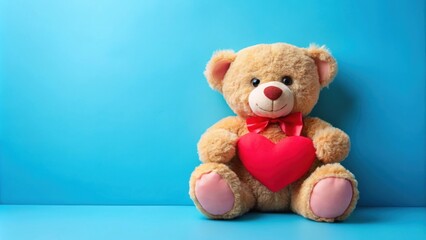 Fototapeta premium Teddy bear with red heart and pink bow on blue background, Teddy bear, red heart, pink bow, blue background, plush toy