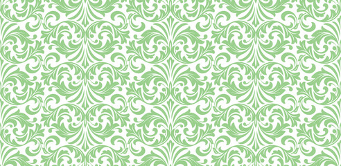 Floral pattern. Vintage wallpaper in the Baroque style. Seamless vector background. White and green ornament for fabric, wallpaper, packaging. Ornate Damask flower ornament