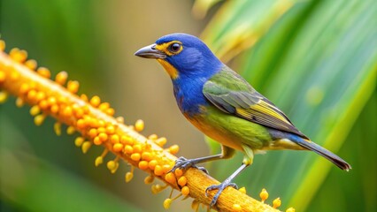 Obraz premium Juvenile violaceous euphonia bird feeding on golden cane palm , bird, violaceous euphonia, juvenile, feeding