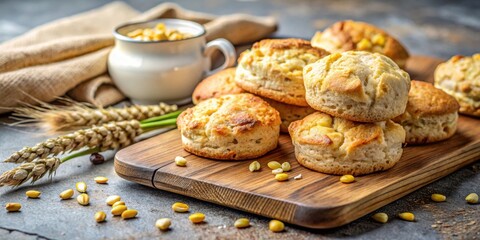 Traditional scones with barley and corn on a cutting board , traditional, scones, barley, corn, cutting board