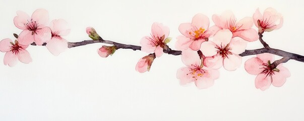Fototapeta premium A delicate watercolor painting of blooming cherry blossoms on a branch, botanicals, cherry blossoms, watercolor