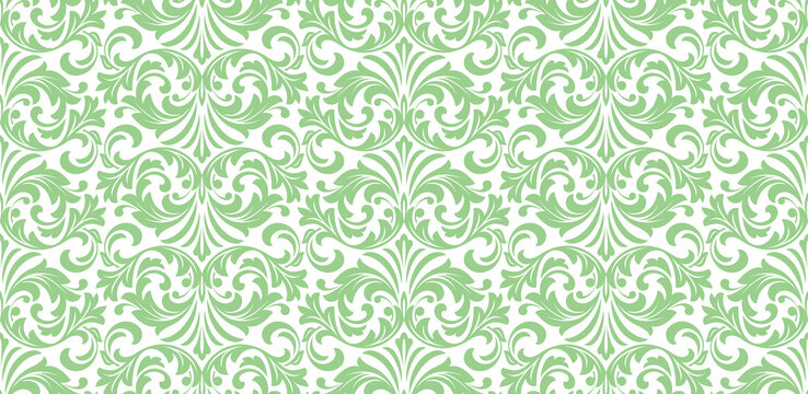 Floral pattern. Vintage wallpaper in the Baroque style. Seamless vector background. White and green ornament for fabric, wallpaper, packaging. Ornate Damask flower ornament