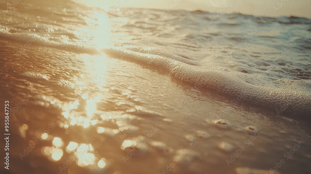 Wall mural Ocean Waves at Sunset with Golden Light and Bokeh