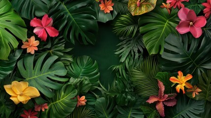 Naklejka premium A lush jungle scene with tropical plants and vibrant flowers, botanicals, tropical, jungle