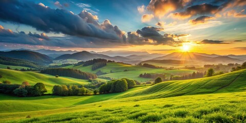Obraz premium Sunset over lush green mountains with a peaceful field in the foreground, sunset, mountains, green, field