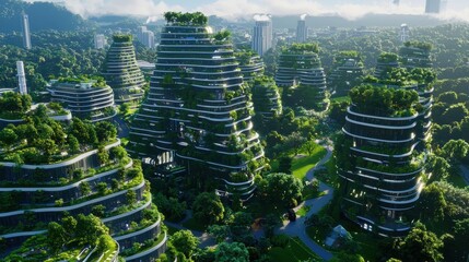 Obraz premium Green Cityscape Sustainable Urban Development with Lush Greenery and Modern Buildings