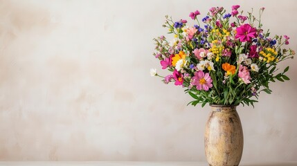 A vibrant bouquet of wildflowers arranged in a vintage vase, florals, wildflowers, vintage