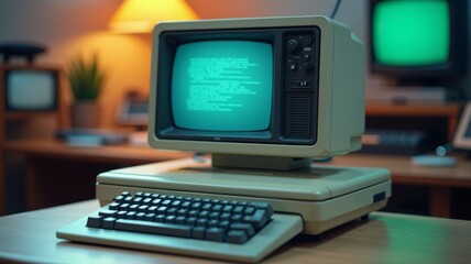 An old computer monitor sits on a desk with a keyboard