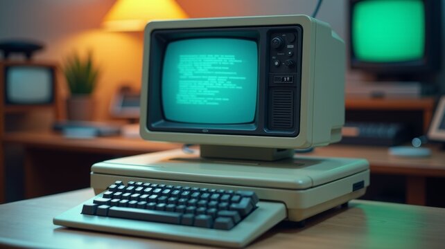 An old computer monitor sits on a desk with a keyboard