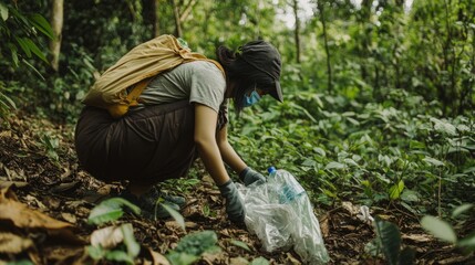 Plastic reduction action, in the forest, pick up garbage, green forest, a plastic bottle, environmental protection, environmental protection, clean, earth protection
