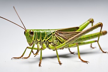 Green grasshopper isolated on white background, close-up shot