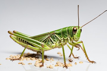 Green grasshopper isolated on white background, close-up shot