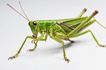 Green grasshopper isolated on white background, close-up shot