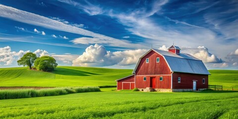 Beautiful farm background with green fields, red barn, and blue sky, farm, agriculture, rural, countryside, barn, fields, crops