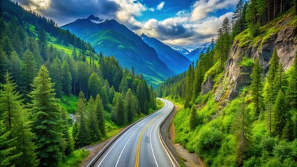 Highway cutting through lush mountain forest , road, trees, nature, scenic, landscape, travel, journey, adventure