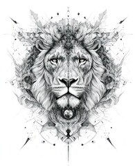 Obraz premium A detailed black-and-white illustration of a lion's face surrounded by intricate designs.