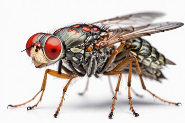 Fototapeta premium Close-up macro of a hairy fly with detailed eyes and wings perched on a rotten leftover food