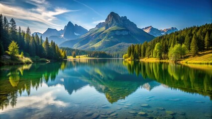 Scenic mountain landscape with a serene lake in the foreground, mountain, landscape, lake, nature, beauty, scenic