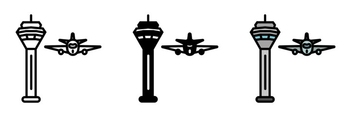 Control Tower Icon, A tall structure at airports or airbases where air traffic controllers manage aircraft takeoffs, landings, and ground movements.