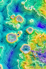 Fototapeta premium Exaggerated Topographical Map of an Alien Planet with Vibrant Colors and Intricate Geological Features in a Sci-Fi Style