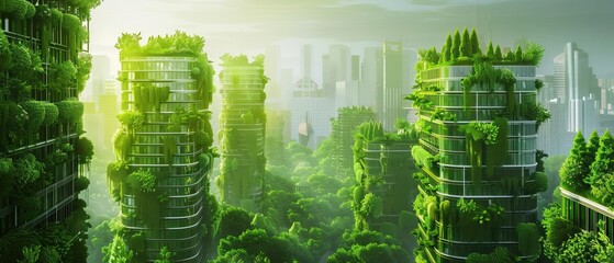 Futuristic Green Cityscape: Skyscrapers Cloaked in Lush Vegetation
