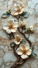 Elegant Dogwood Tree Floral Art on Marble Background with Luxurious Detailing and Sophisticated Design Elements
