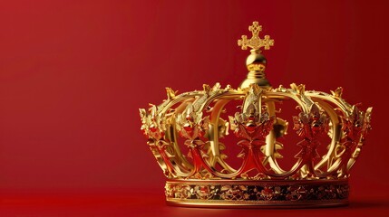 Fototapeta premium A golden crown with intricate details sits on a brown background.