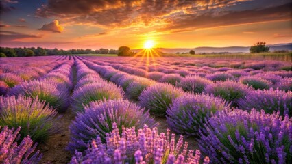 Beautiful lavender field glowing in the sunset light, lavender, field, purple, flowers, sunset, golden hour, nature