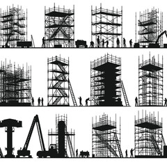 scaffolding structures and ladders used in construction. The silhouettes should highlight the framework