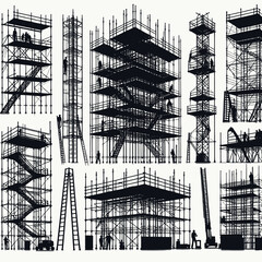 scaffolding structures and ladders used in construction. The silhouettes should highlight the framework