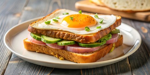 Sandwich with fried egg, avocado, ham, and herbs on a plate, food, breakfast, lunch, sandwich, fried egg, avocado, ham, herbs