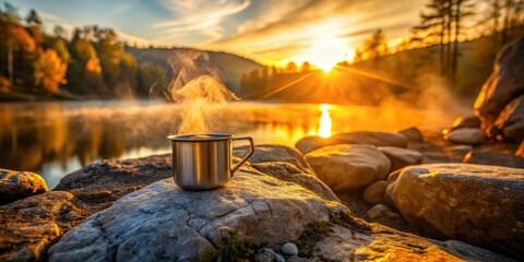 Fototapeta premium Steaming mug on rock at sunrise in campsite, evoking warmth, adventure, and tranquility, camping, morning, sunrise