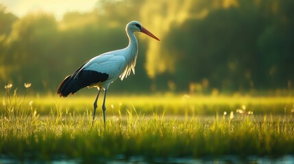 Obraz premium White Stork Standing in a Meadow at Sunset
