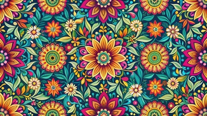 Abstract floral repeat pattern with vibrant colors and intricate designs, floral, abstract, repeat, pattern, vibrant, colors