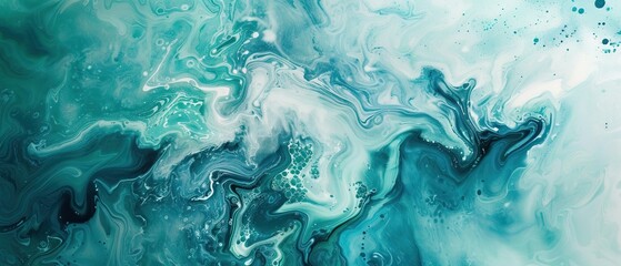 Naklejka premium Abstract Swirling Teal and White Liquid Marble Painting