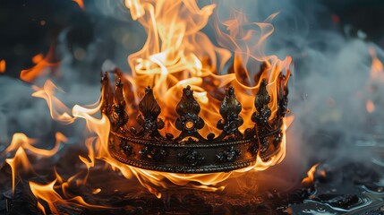 A golden crown sits atop smoldering embers with flames rising up from behind it.