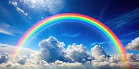 Vibrant rainbow arching over fluffy white clouds in a blue sky, rainbow, clouds, sky, colors, vibrant, nature, weather